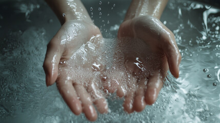 Fototapeta premium Overhead shot of hands cupping water, droplets splashing, clean sink surface. Pure realism, natural flow.