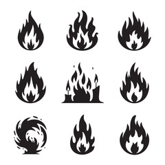 Big set of fire flame vector icons. Collection of fire and flame icons. Bonfire icons, flaming elements.
 Flame Editable Stroke Line Icons Classic silhouette flame. Black fire set isolated on Fire ico