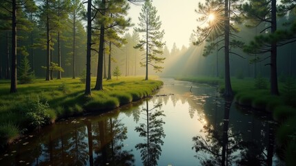 Professional photo of swamped forests (boggy taiga). The atmosphere is afternoon, with a hazy sky, giving the scene a romantic spring mood.