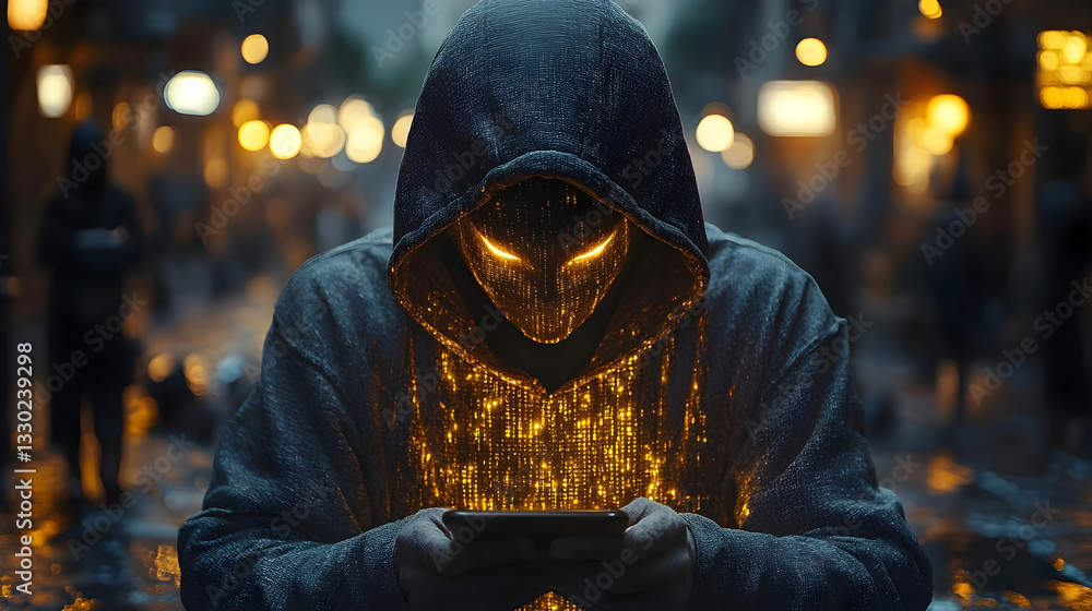 Poster mysterious hooded figure with a glowing digital mask and cybernetic patterns, using a smartphone in 