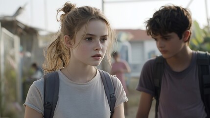 Teenage girl and boy with backpacks in a poor neighborhood.