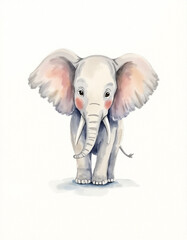 Fototapeta premium A cute and whimsical watercolor illustration of an elephant, featuring a playful expression with pink accents on its ears and cheeks.