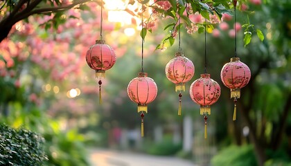Pink lanterns hanging from flowering tree branches at sunset.