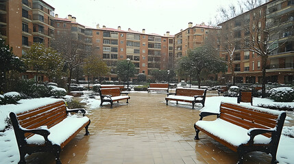 Snow-covered courtyard with benches