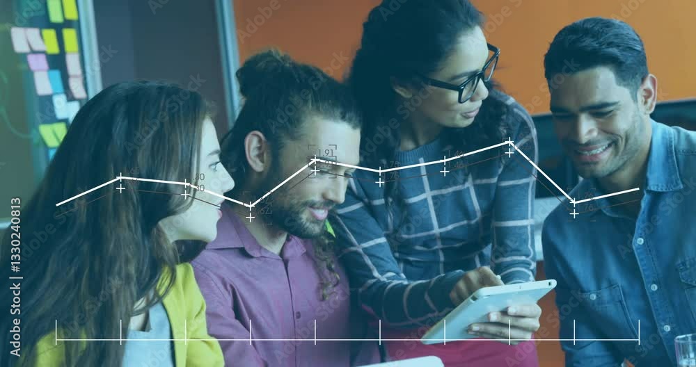 Poster diverse group collaborating on tablet with data graph animation overlay