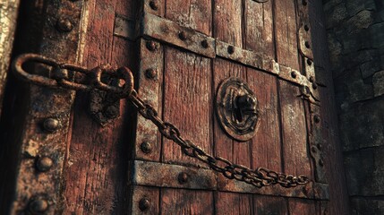 Weathered wooden door with a circular metal handle and a rusty chain lock, set within a rugged stone wall, evoking a sense of history and rustic charm.