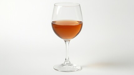 A partially filled wine glass showcasing a light amber ros? wine against a bright white background