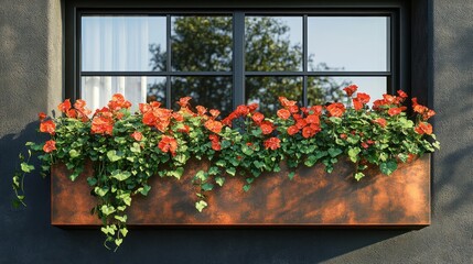 Naklejka premium Copper window box overflowing with vibrant orange flowers and lush green foliage against a dark wall