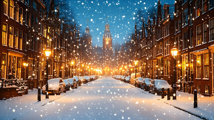 Snowy European Street at Night