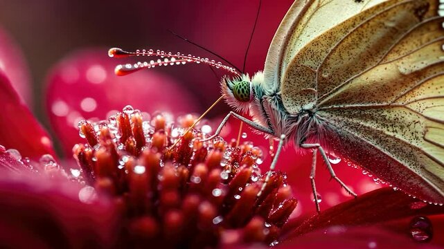 Butterfly drinks nectar on red flower