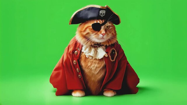 a cute chubby adorable orange cat dress in pirate black hat, red costume and pirate's eye patch, smiling smiley face on green screen background, chroma key greenscreen, funny playful pet