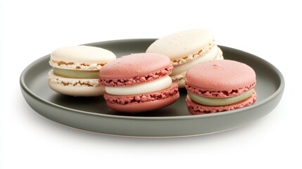 Fototapeta premium Plate of vibrant red, white, and green macarons arranged beautifully on a black plate against a clean white background