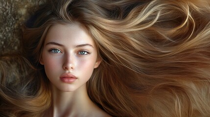 Fototapeta premium Young Woman with Long Flowing Hair Portrait Natural Beauty Close-up