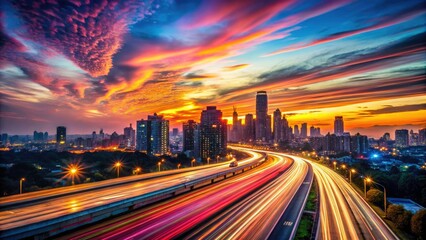 Fototapeta premium Sunset City Lights Long Exposure Photography, Blurred Urban Night Scene, Cityscape Night Photography, Long Exposure City Lights