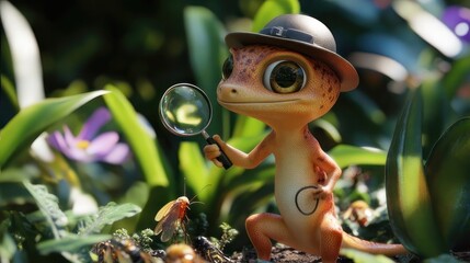 Animated gecko with magnifying glass, exploring nature
