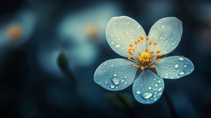 Dew Drops Adorn A Single Blue Flower