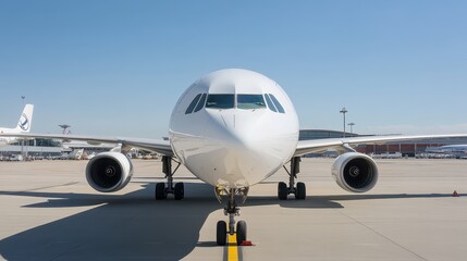 A captivating aerial view of a large passenger jet, gleaming under the sun, parked on a runway. Surrounding it are airport facilities and distant mountains, showcasing a busy travel hub.