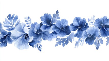 Watercolor floral border in shades of blue, featuring stylized blooms and foliage, perfect for textile design or wallpaper