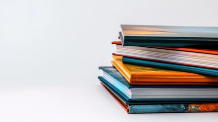 Stack of colorful hardcover books on white background