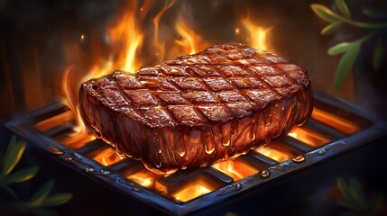 Grilled steak sizzling on a hot grill