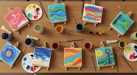 Colorful abstract paintings on mini easels art studio creative workshop kid fun image style hobby