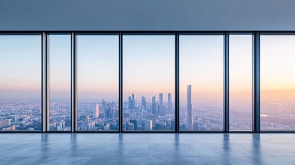 Fototapeta premium Cityscape view through large windows with pink & blue skyline over a polished floor