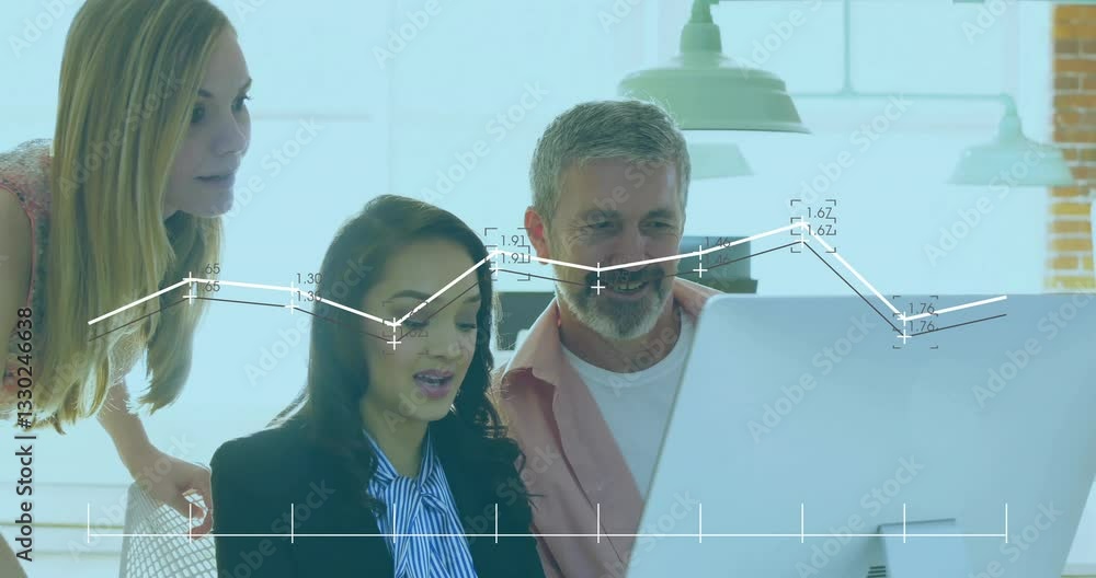 Poster analyzing financial graph data, business team in office using computer screen
