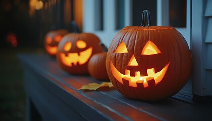 Lit jack-o'-lanterns on porch at night. (2)