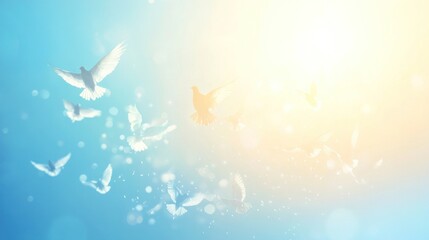 Birds fly in bright, clear sky