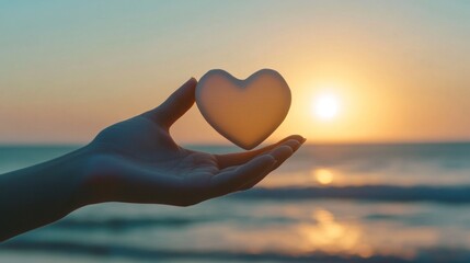 Heart held toward the sunset above the ocean. Serene scene