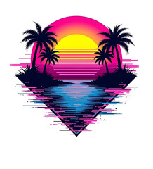 This captivating design features a vibrant vaporwave aesthetic with bold colors and glitch effects