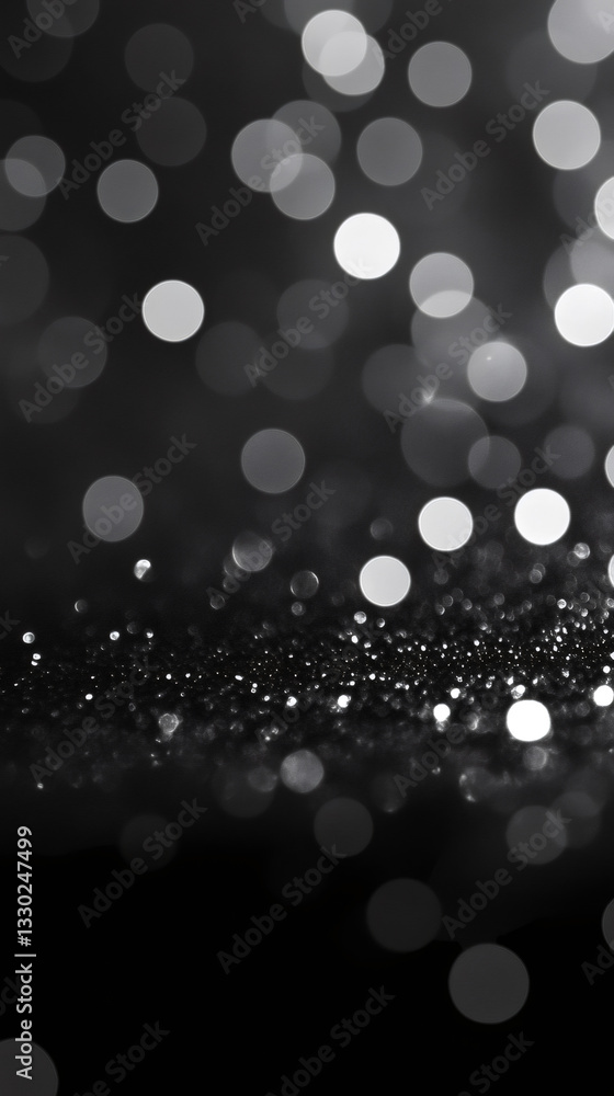 Poster sparkling white bokeh lights blending against dark glittery surface, generating festive mood