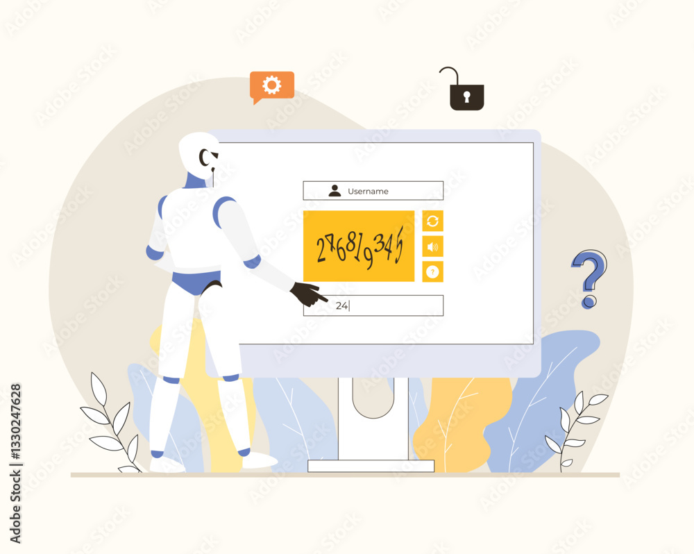 Poster bypass captcha, anti captcha, solving service. robot enters captcha on the monitor screen. flat vect