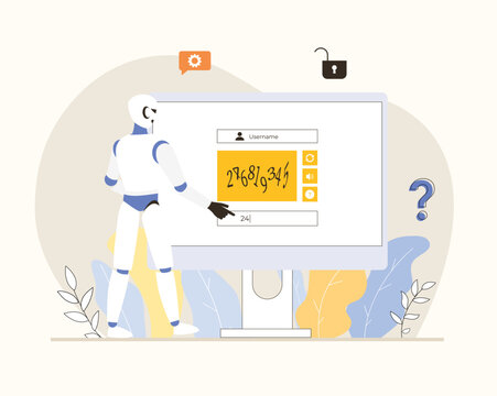 Bypass captcha, Anti captcha, Solving service. Robot enters captcha on the monitor screen. Flat vector illustration.