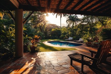 Obraz premium Poolside Patio with Wooden Bench