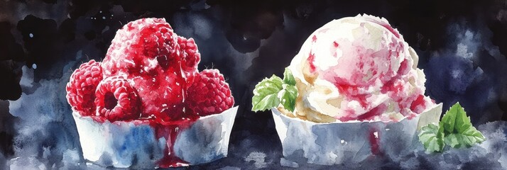 Watercolor Raspberry and Vanilla Ice Cream Desserts - Two delectable watercolor paintings of raspberry and vanilla ice cream desserts. Sweetness, coolness, refreshment, indulgence