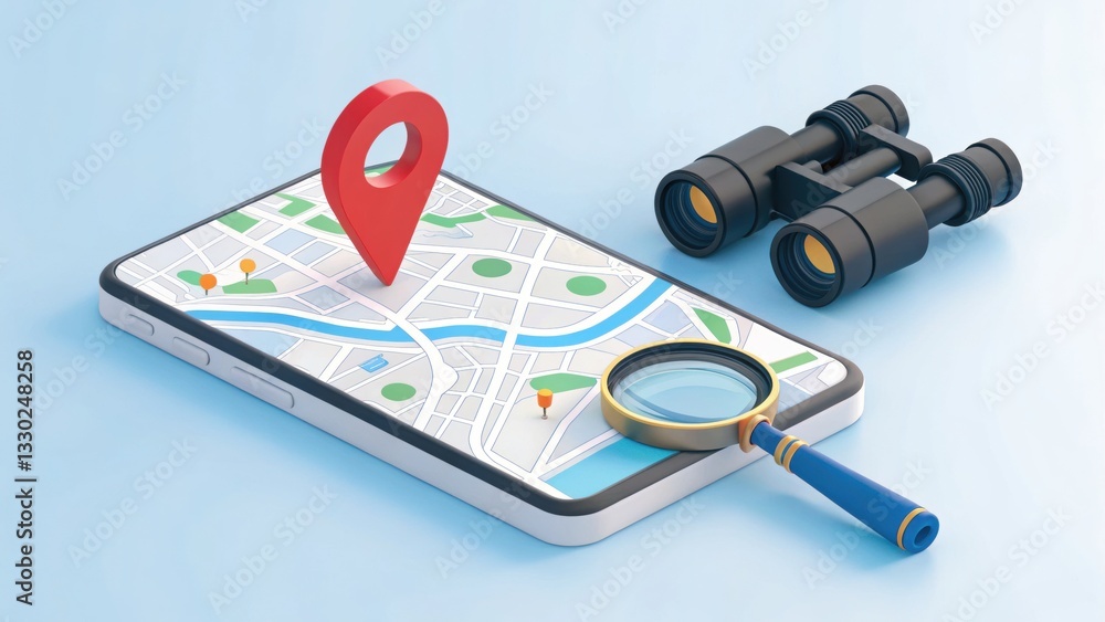 Poster exploring location: a mobile phone displays a map with a location marker, binoculars and magnifying 