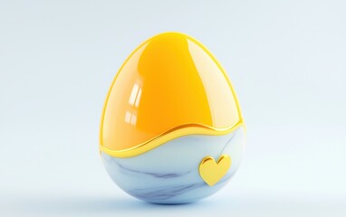 A glossy, yellow and blue decorative egg with a heart design, set against a light background, evoking a playful and modern aesthetic.