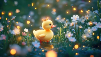 Cute yellow duckling with crown in a magical garden