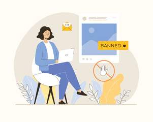 Blocking, banned user account on social media. Error, access is denied. Account safety and secure. Flat vector illustration.