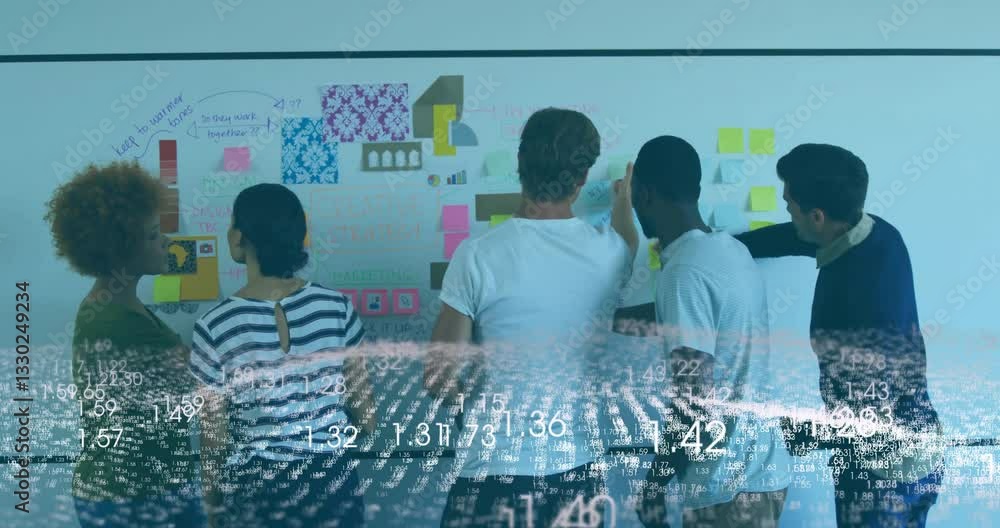 Aufkleber brainstorming in office, diverse team analyzing data with animation on whiteboard