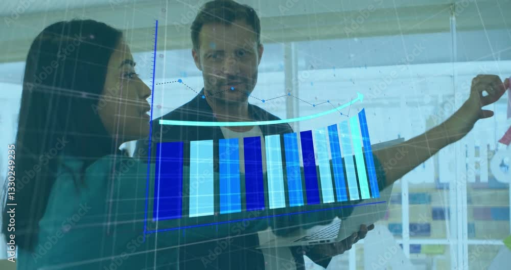 Poster discussing data visualization, business professionals in meeting with bar chart animation