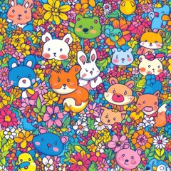 Colorful animals and flowers in a vibrant pattern