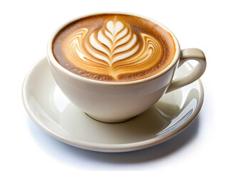 Latte art on coffee cup with fern pattern on white ceramic saucer on white background