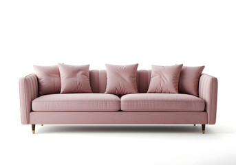Elegant pink velvet sofa with plush cushions, perfect for modern interiors. Isolated on a white background.