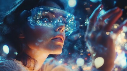 Young Woman Using Augmented Reality Glasses in a Colorful Scene