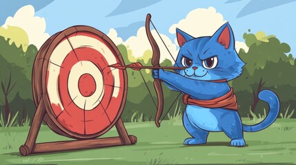 Blue Cat Archer Aims Arrow at Target in Woods