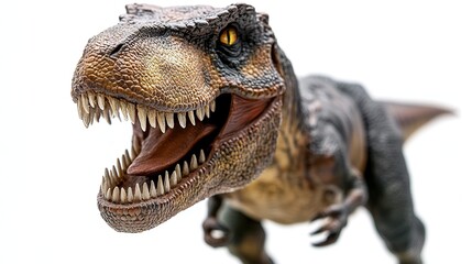 Closeup of a T-Rex figurine with sharp teeth and textured skin, isolated on white, showcasing primal power and intricate detail.
