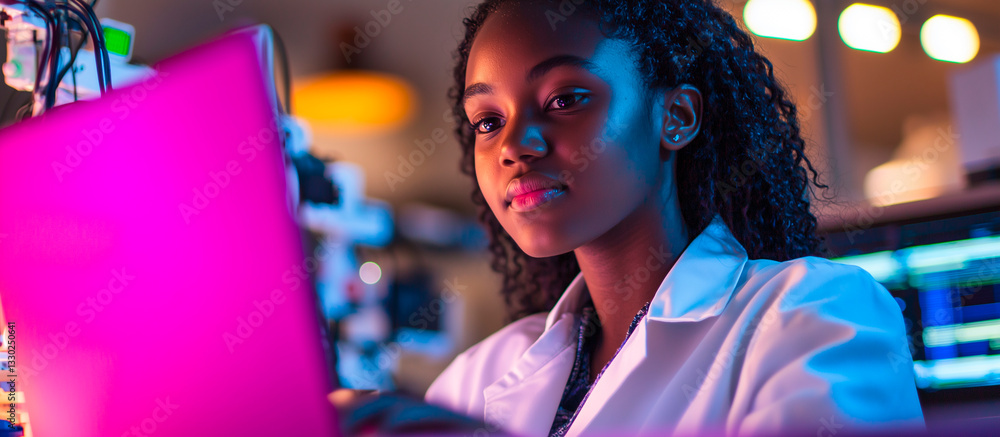 Poster a young woman engineer programming in a modern robotics lab