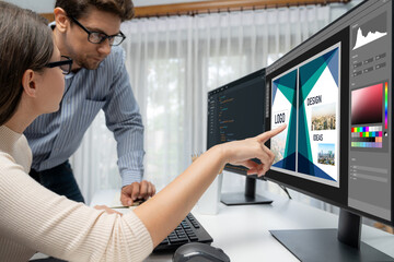 Graphic designer software for modern design of web page and commercial brisk ads showing on the...